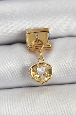 316L Çelik Sallantılı Zirkon Taşlı İstiridye Model Gold Renk Nomination Charm - TJ-BC1426