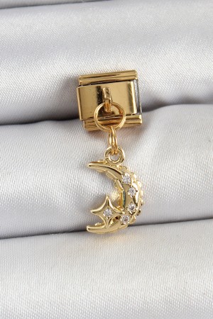 316L Çelik Sallantılı Zirkon Taşlı Ay Model Gold Renk Nomination Charm - TJ-BC1431