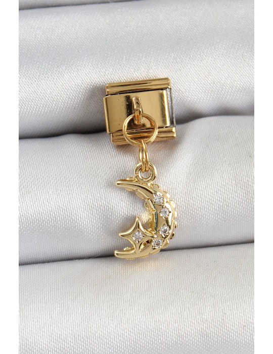 316L Çelik Sallantılı Zirkon Taşlı Ay Model Gold Renk Nomination Charm - TJ-BC1431