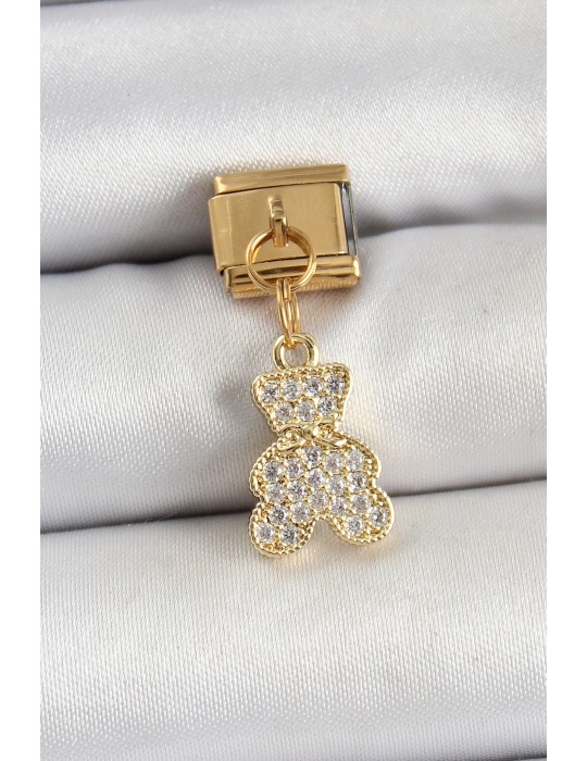 316L Çelik Sallantılı Zirkon Taşlı Ayıcık Model Gold Renk Nomination Charm - TJ-BC1432