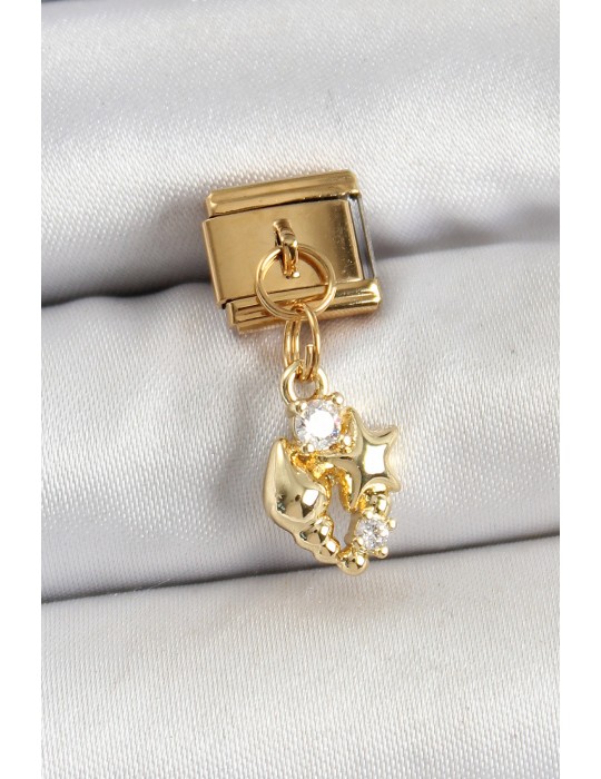 316L Çelik Sallantılı Zirkon Taşlı Deniz Kabuğu Ve Yıldız Model Gold Renk Nomination Charm - TJ-BC1436