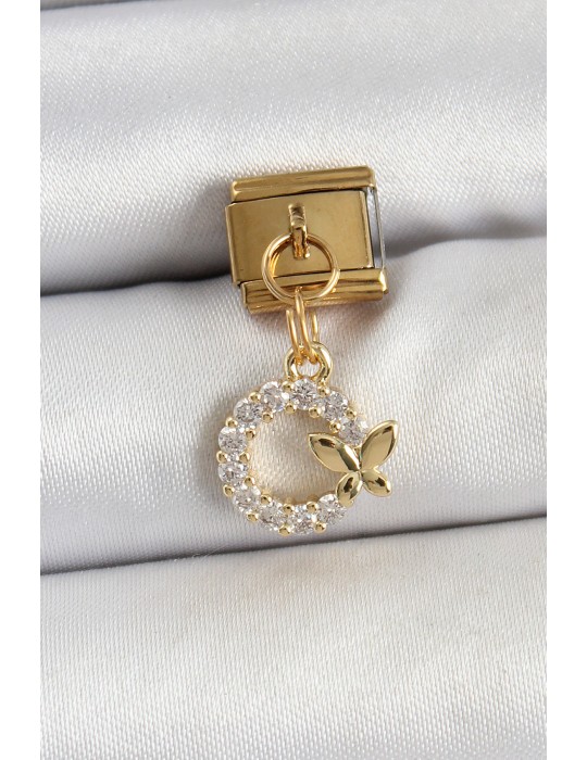 316L Çelik Sallantılı Zirkon Taşlı Detaylı Halka Model Gold Renk Nomination Charm - TJ-BC1440