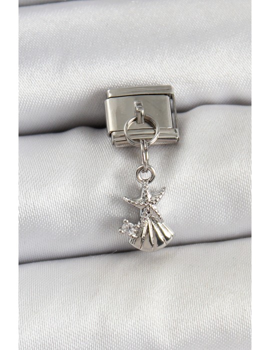 316L Çelik Sallantılı Zirkon Taşlı Deniz Yıldızı Ve İstiridye Model Gümüş Renk Nomination Charm - TJ-BC1454