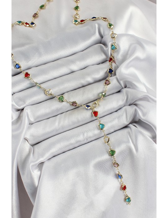 Pirinç Gold Renk Karışık Renk Zirkon Taşlı Kalpli Y Kadın Kolye - TJ-BKO10303