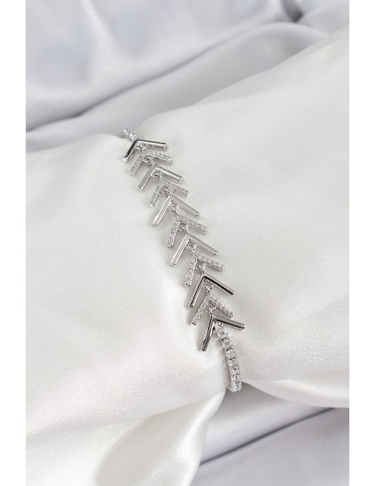 Pirinç Gümüş Renk Zirkon Taşlı Balık Sırtı Kadın Bileklik - TJ-BB7069