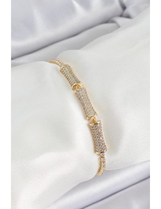 Pirinç Gold Renk Zirkon Taşlı Kemik Model Kadın Bileklik - TJ-BB7070