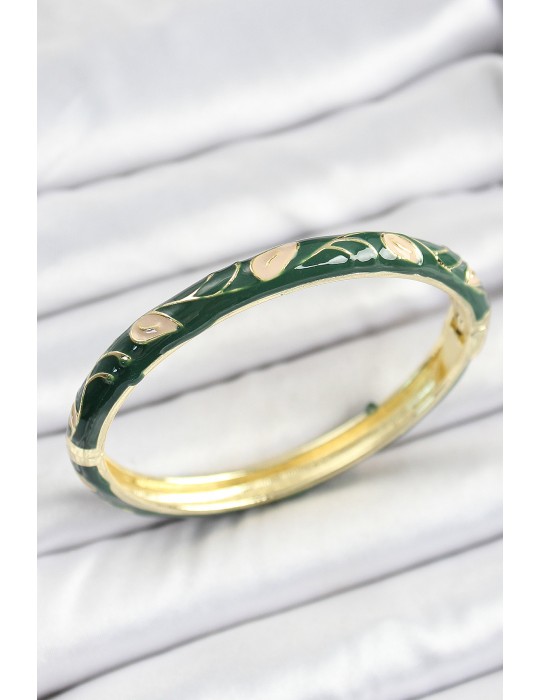 Mineli Pirinç Gold Renk Yeşil Çiçek Motifli Kadın Kelepçe - TJ-BB7149