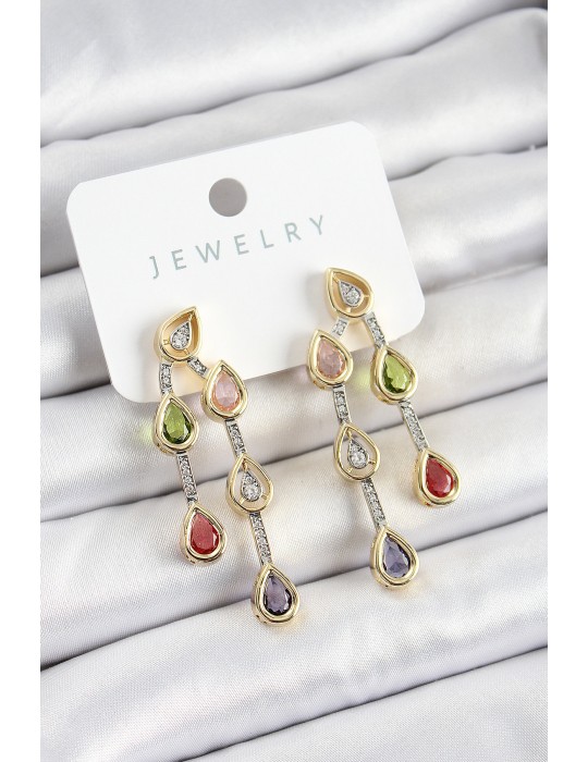 Pirinç Çoklu Damla Model Karşık Zirkon Taşlı Gold Ve Gümüş Renk Kadın Küpe - TJ-BKP10742