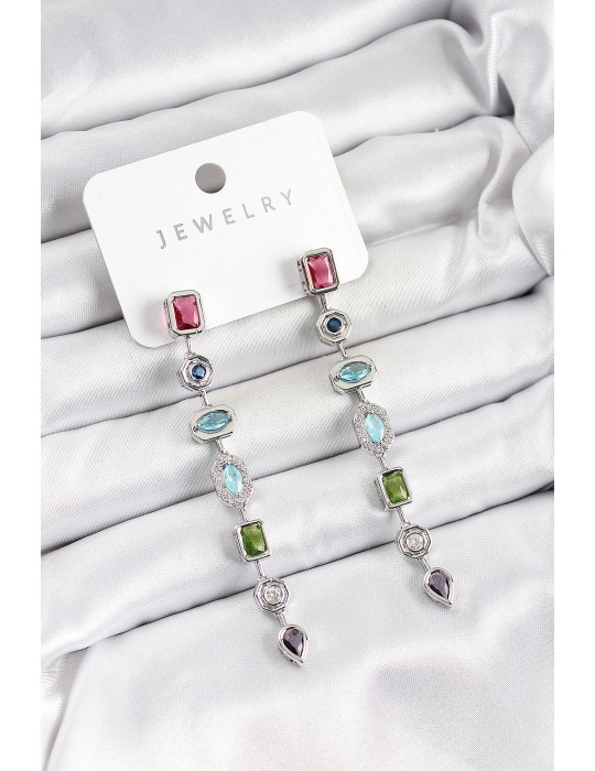 Pirinç Renkli Zirkon Taşlı Sallantılı Model Gümüş Renk Kadın Küpe - TJ-BKP10743