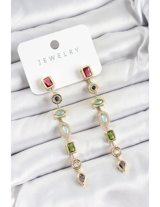 Pirinç Renkli Zirkon Taşlı Sallantılı Model Gold Renk Kadın Küpe - TJ-BKP10744