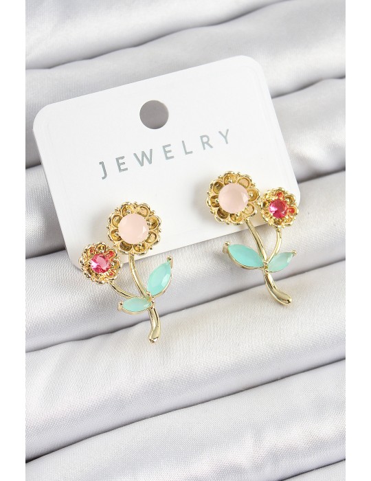 Pirinç Renkli Zirkon Taşlı Papatya Model Gold Renk Kadın Küpe - TJ-BKP10746