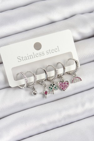 Pirinç Zirkon Taşlı Karpuz Yonca Kalp Pusula Karışık Model Gümüş Renk 6'lı Set Kadın Küpe - TJ-BKP10757