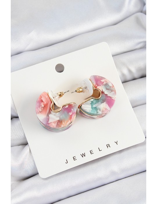 Pirinç Mermer Desenli Vintage Yarım Halka Model Gold Renk Kadın Küpe - TJ-BKP10763