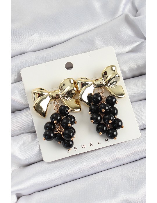 Pirinç Sallantılı Siyah Boncuklu Fiyonk Vintage Model Gold Renk Kadın Küpe - TJ-BKP10775