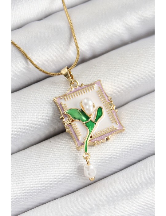 316L Çelik Zincir Beyaz Sanatsal Portre Sallantılı İnci Detaylı Lale Model Gold Renk Kadın Kolye - TJ-BKO10308
