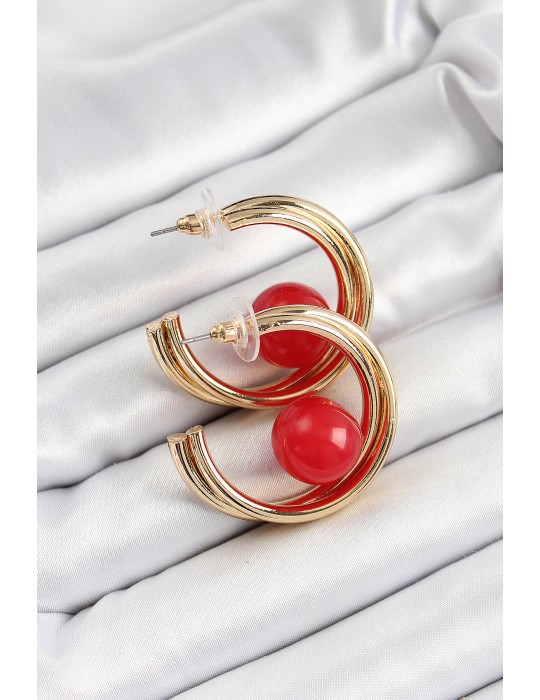 Pirinç Gold Renk Halka Model Kırmızı Boncuk Detay Kadın Küpe - TJ-BKP10366