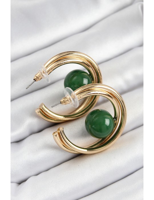 Pirinç Gold Renk Halka Model Yeşil Boncuk Detay Kadın Küpe - TJ-BKP10365