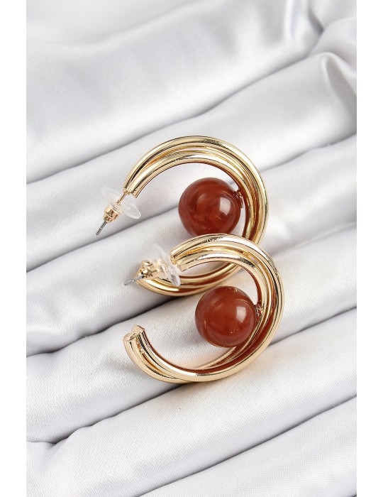 Pirinç Gold Renk Halka Model Kahverengi Boncuk Detay Kadın Küpe - TJ-BKP10364