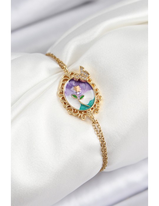 316L Çelik Zincir Mineli Sanatsal Portre Zirkon Taşlı Detaylı Çiçek Model Gold Renk Kadın Bileklik - TJ-BB7224