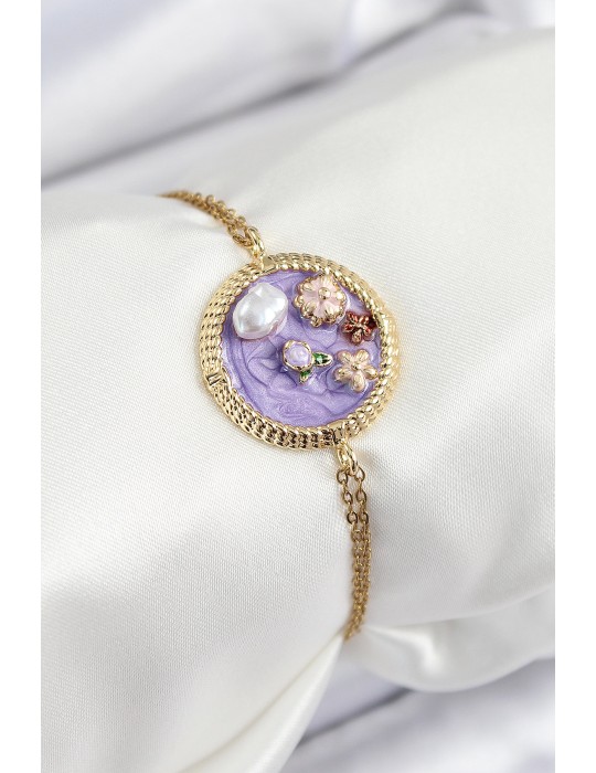 316L Çelik Zincir Mor Mineli Sanatsal Portre İnci Detaylı Çiçek Model Gold Renk Kadın Bileklik - TJ-BB7228