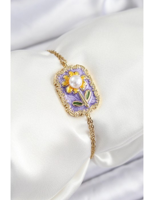 316L Çelik Zincir Mor Mineli Sanatsal Portre İnci Detaylı Papatya Model Gold Renk Kadın Bileklik - TJ-BB7231