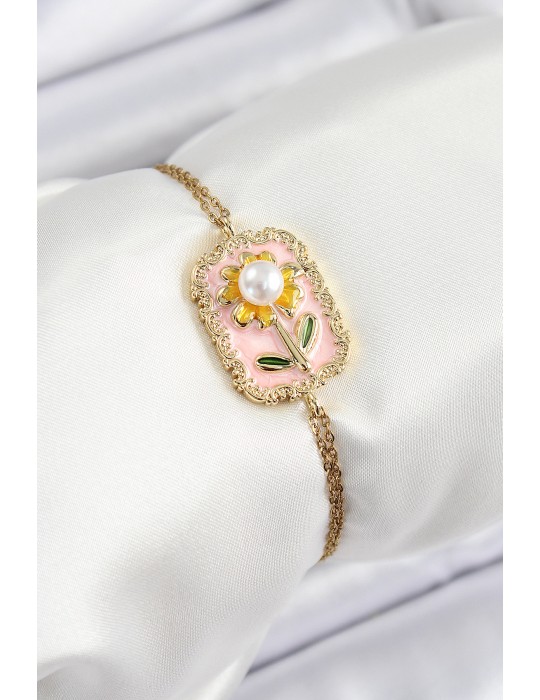 316L Çelik Zincir Pembe Mineli Sanatsal Portre İnci Detaylı Papatya Model Gold Renk Kadın Bileklik - TJ-BB7232