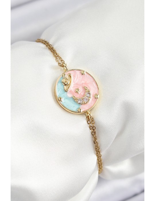 316L Çelik Zincir Mineli Sanatsal Portre Zirkon Taşlı Gezegen Model Gold Renk Kadın Bileklik - TJ-BB7234