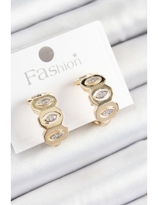 Pirinç Zirkon Taşlı Damla Figürlü Halka Model Gold Renk Kadın Küpe - TJ-BKP10784