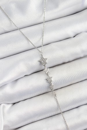 Pirinç Zirkon Taşlı Sıralı Yıldız Figürlü Y Model Gümüş Renk Kadın Kolye - TJ-BKO10313