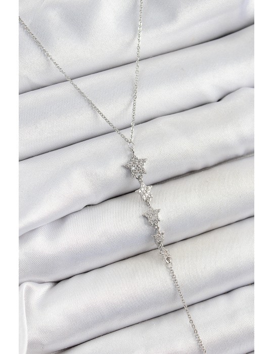 Pirinç Zirkon Taşlı Sıralı Yıldız Figürlü Y Model Gümüş Renk Kadın Kolye - TJ-BKO10313