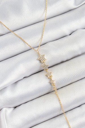Pirinç Zirkon Taşlı Sıralı Yıldız Figürlü Y Model Gold Renk Kadın Kolye - TJ-BKO10314