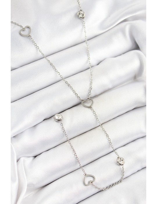 316L Çelik Zirkon Taşlı Kalp Figürlü Y Model Gümüş Renk Kadın Kolye - TJ-BKO10334