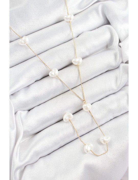 316L Çelik İncili Kalp Figürlü Y Model Gold Renk Kadın Kolye - TJ-BKO10335