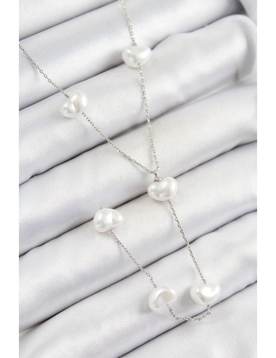 316L Çelik İncili Kalp Figürlü Y Model Gümüş Renk Kadın Kolye - TJ-BKO10336