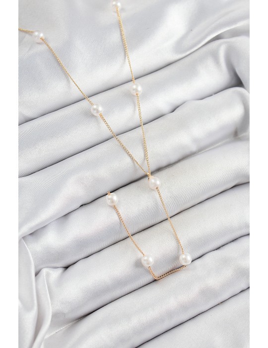 316L Çelik İnci Figürlü Y Model Gold Renk Kadın Kolye - TJ-BKO10340