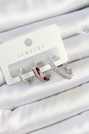 Pirinç Zirkon Taşlı Bordo Pembe Halka Model Gümüş Renk 3'lü Çift Kadın Küpe Set - TJ-BKP10791 Pirinç Zirkon Taşlı Bordo Pembe Halka Model Gümüş Renk 3'lü Çift Kadın Küpe Set - TJ-BKP10791