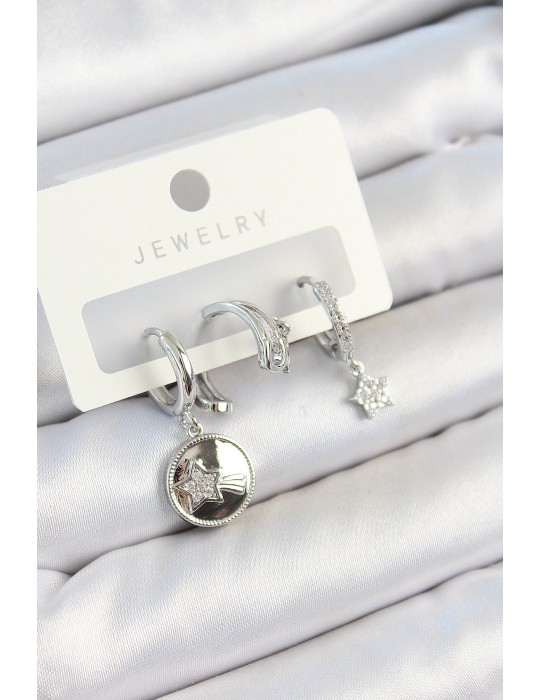 Pirinç Zirkon Taşlı Sallantılı Yıldız Model Gümüş Renk 3'lü Çift Kadın Küpe Set - TJ-BKP10792