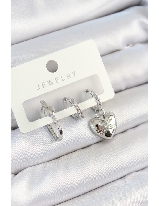 Pirinç Zirkon Taşlı Kalp Model Gümüş Renk 3'lü Çift Kadın Küpe Set - TJ-BKP10794