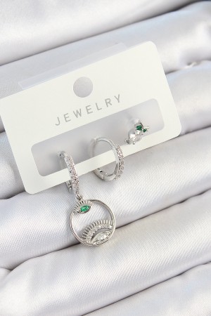 Pirinç Zirkon Taşlı Göz Ve Baykuş Model Gümüş Renk 3'lü Çift Kadın Küpe Set - TJ-BKP10795 Pirinç Zirkon Taşlı Göz Ve Baykuş Model Gümüş Renk 3'lü Çift Kadın Küpe Set - TJ-BKP10795