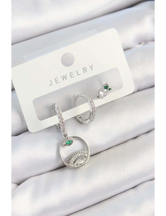 Pirinç Zirkon Taşlı Göz Ve Baykuş Model Gümüş Renk 3'lü Çift Kadın Küpe Set - TJ-BKP10795