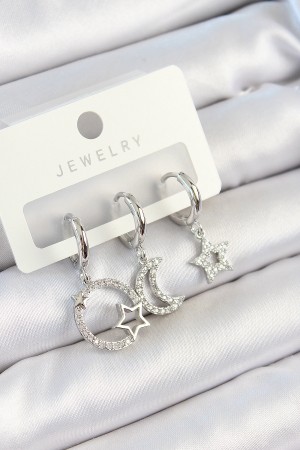 Pirinç Zirkon Taşlı Ay Ve Yıldız Model Gümüş Renk 3'lü Çift Kadın Küpe Set - TJ-BKP10797 Pirinç Zirkon Taşlı Ay Ve Yıldız Model Gümüş Renk 3'lü Çift Kadın Küpe Set - TJ-BKP10797
