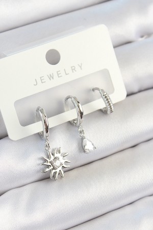 Pirinç Zirkon Taşlı Güneş Model Gümüş Renk 3'lü Çift Kadın Küpe Set - TJ-BKP10799 Pirinç Zirkon Taşlı Güneş Model Gümüş Renk 3'lü Çift Kadın Küpe Set - TJ-BKP10799