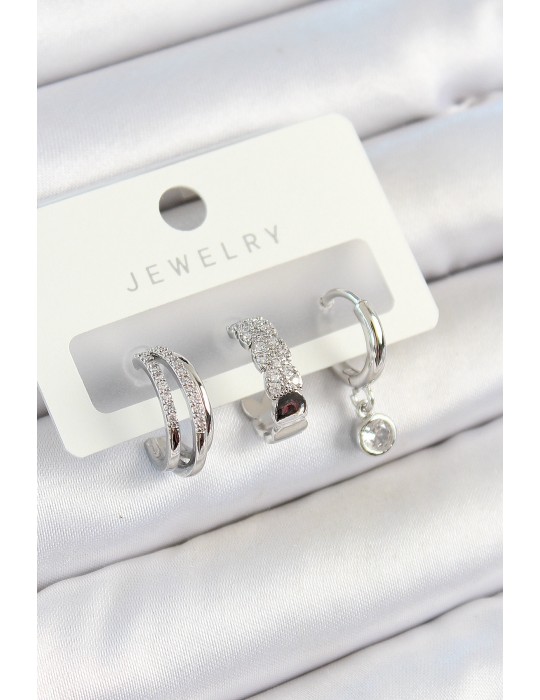 Pirinç Zirkon Taşlı Halka Model Gümüş Renk 3'lü Çift Kadın Küpe Set - TJ-BKP10800