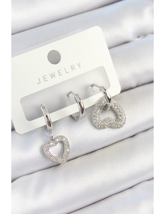 Pirinç Zirkon Taşlı Kalp Model Gümüş Renk 3'lü Çift Kadın Küpe Set - TJ-BKP10801