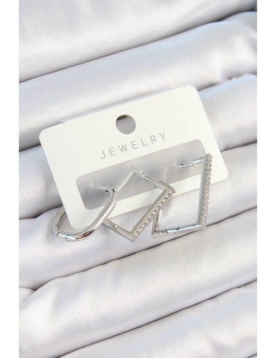 Pirinç Zirkon Taşlı Dikdörtgen Model Gümüş Renk 3'lü Çift Kadın Küpe Set - TJ-BKP10802