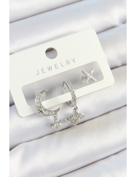 Pirinç Zirkon Taşlı Çiçek Ve Ay Model Gümüş Renk 3'lü Çift Kadın Küpe Set - TJ-BKP10804