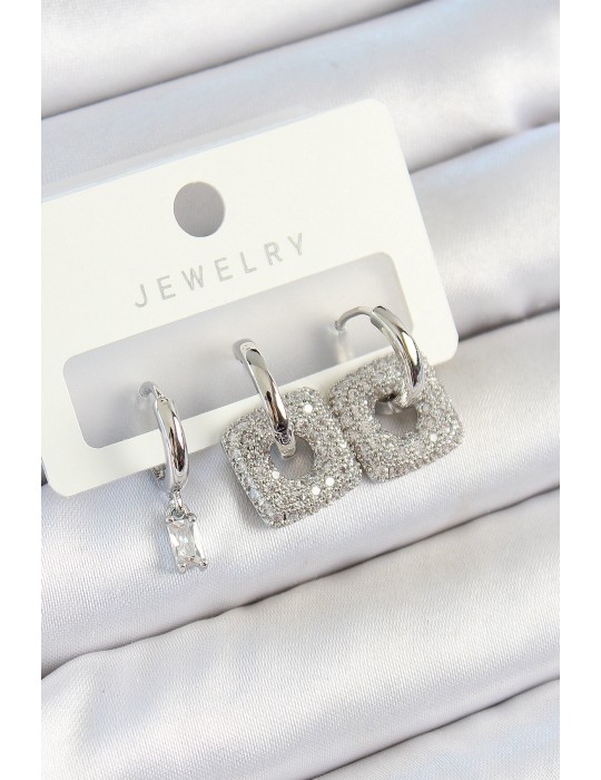 Pirinç Zirkon Taşlı Kare Model Gümüş Renk 3'lü Çift Kadın Küpe Set - TJ-BKP10806