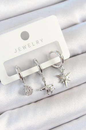 Pirinç Zirkon Taşlı Kutup Yıldızı Model Gümüş Renk 3'lü Çift Kadın Küpe Set - TJ-BKP10807