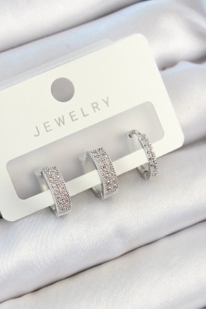 Pirinç Zirkon Taşlı Halka Model Gümüş Renk 3'lü Çift Kadın Küpe Set - TJ-BKP10810 Pirinç Zirkon Taşlı Halka Model Gümüş Renk 3'lü Çift Kadın Küpe Set - TJ-BKP10810