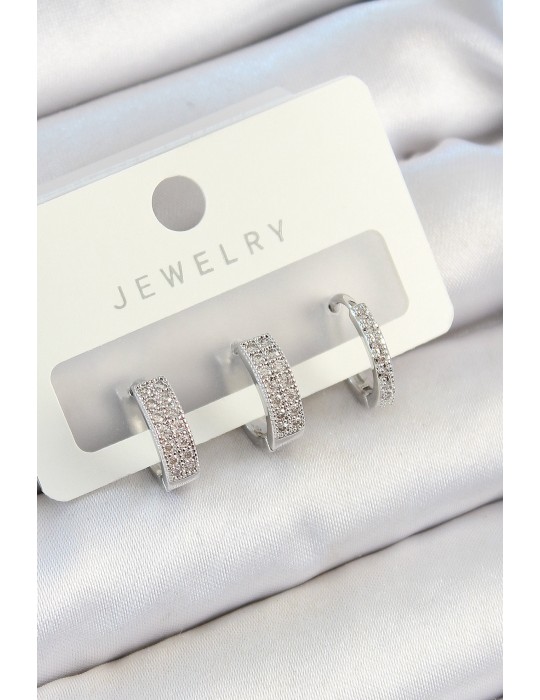 Pirinç Zirkon Taşlı Halka Model Gümüş Renk 3'lü Çift Kadın Küpe Set - TJ-BKP10810